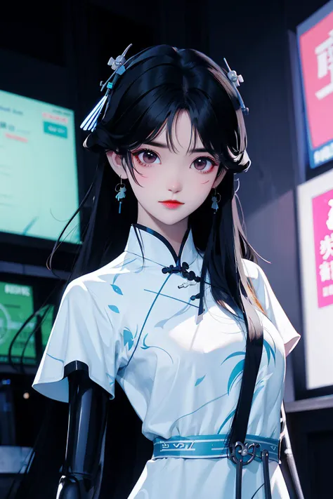 (masterpiece),(best quality), 1 girl, (chibi), chinese_clothes, in white and blue Cheongsam, robot girl, cyberpunk city, dynamic pose, Headdress, hair ornament, long hair, cyberpunk, a high-tech city, full of machinery and futuristic element, futurism, technology
<lora:Guofeng_minimalism_v1:0.8>