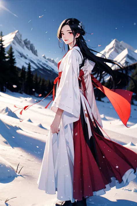 Best quality, masterpiece, 1 girl,full body, white hanfu, looking at viewer,Snowy mountains, snow, snowflakes flying
<lora:Guofeng_minimalism_v1:0.8>
