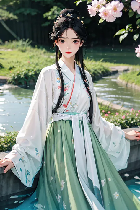 Best quality, masterpiece, 1 girl, wearing hanfu, looking at viewer,embroidered robe with exquisite details, surrounded by flowers, ((flowing water))
<lora:Guofeng_minimalism_v1:0.8> <lora:tangStyle5:0.3>