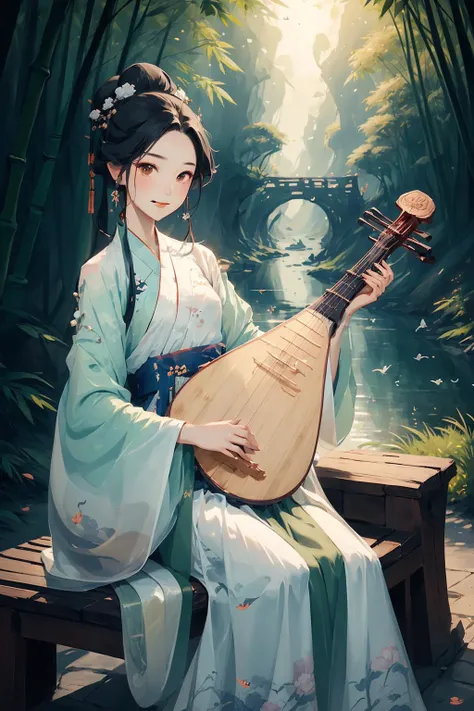 1 girl, smile, holding pipa, hanfu, ruqun , holding flowers, tang dynasty, bamboo forest,Stone bench,Stone table,musical instrument,grassland,earth,rivers,Far Mountains,Birds and beasts,happy <lora:Guofeng_minimalism_v1:0.7> <lora:pipa_v1a:0.7>