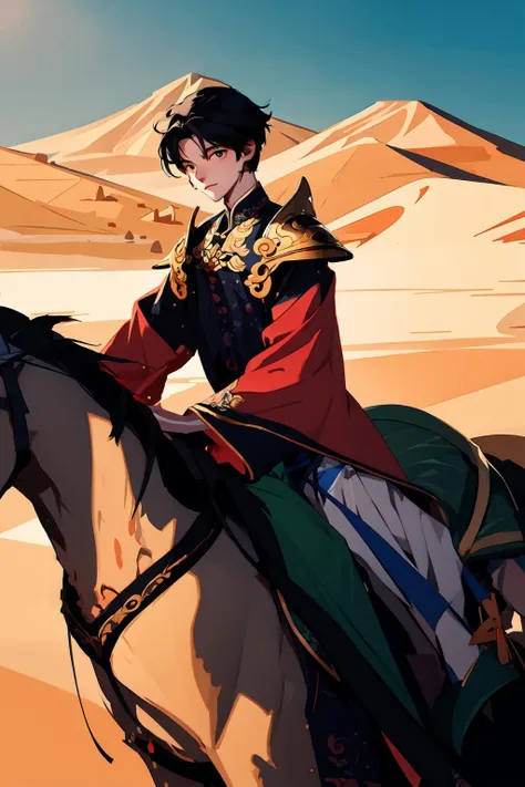 Best quality, masterpiece, minimalism, 1 boy, gold chinese armor, gold theme, riding horse ,desert, battle field, <lora:Guofeng_minimalism_boy:1>