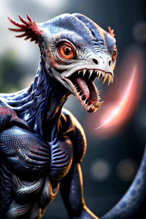 (Realistic:1.5) full body shot, blurry long neck glowing eye straight-on red eyes solo colored sclera tongue out sharp teeth <lora:EdobAlienSpecies_v1.0:0.8>