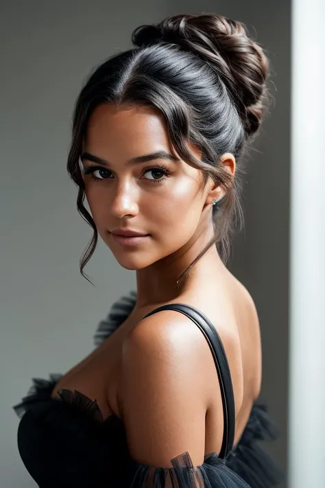 photo of beautiful (g3nshaw2:0.99), a woman in a (space elevator:1.1), perfect hair, hair upsweep updo, wearing (tulle:1.2), modelshoot style, (extremely detailed CG unity 8k wallpaper), professional majestic (photography by helmut newton:1.1), (Canon A2/A2e Camera), 24mm, exposure blend, hdr, faded, extremely intricate, High Detail, Sharp focus, dramatic, soft cinematic light, (looking at viewer), (detailed pupils), cute smile, 24mm, 4k textures, soft cinematic light, adobe lightroom, photolab, elegant, ((((cinematic look)))), soothing tones, insane details, hyperdetailed, low contrast, (from the waist up)