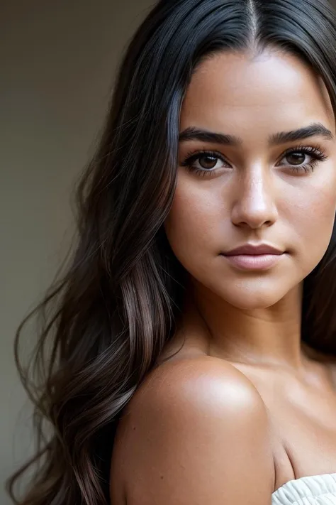 15 year old woman, long brown hair, professionally styled hair and makeup, model photoshoot, masterpiece, photorealistic, high definition, flowing black dress, photostudio, studio lighting, cinematic shot, raw photo, film grain, pale skin, freckles, wide hips, small head, tiny head, (((Broad shoulders))), Smiling, happy