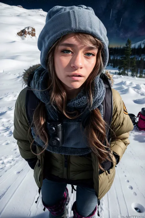 RebelLynn <lora:RebelLynn_v1.0:1>
<lora:epiNoiseoffset_v2:1>
close-up, (headshot:1.4), portrait by Chuck Close, 1girl, solo, rule of thirds, perfect compostion, detailed hair and face, detailed eyes, pupils
perfect face, detailed nose, cheeks, (lips), ears,
The model wears an insulated, yet stylish winter outfit, featuring a faux fur-trimmed parka, thermal leggings, and insulated snow boots. A beanie with LED lights and a telescope backpack complete the ensemble for stargazing in the Arctic.
highly detailed, natural lighting, <lora:add_detail:1>