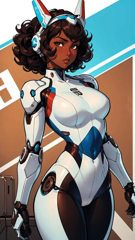 1 girl, brown girl, black hair, brown eyes, curly hair,  white pop art, sport clothing,  ,mecha musume, headgear, mechanical arms, bodysuit <lora:AMechaSSS[color_theme,mecha musume, mechanical parts,robot joints,headgear]:0.6> mecha musume, mechanical parts, robot joints, headgear <lora:chocoskin:0.8>