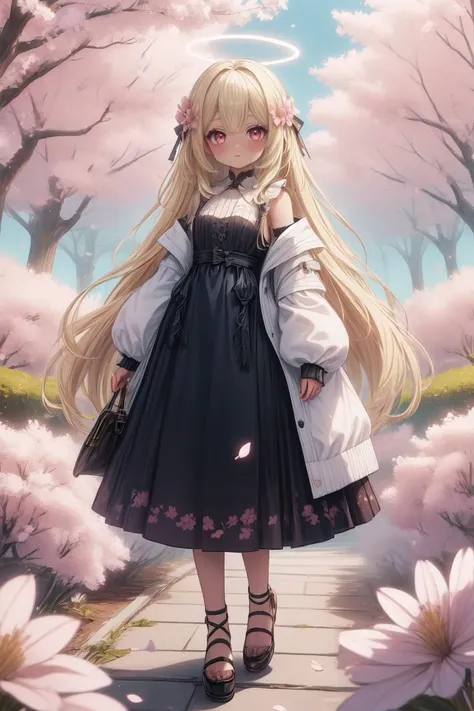 1girl, full body, full shot, masterpiece, best quality, hdr, 8k, dusk, <lora:Mild detail adjusterV10:0.7>, <lora:more_details:0.3>, long blonde hair <lora:eGirlMakeup:0.8> EGirlMakeup, eyeliner, <lora:BlessedTech:0.7> blessedtech, blessed, aura <lora:chocoskin:0.8> <lora:sakura-leaf-style-darquelilly-v1:0.3> sakuraleafstyle, cherry blossoms, flower, petals