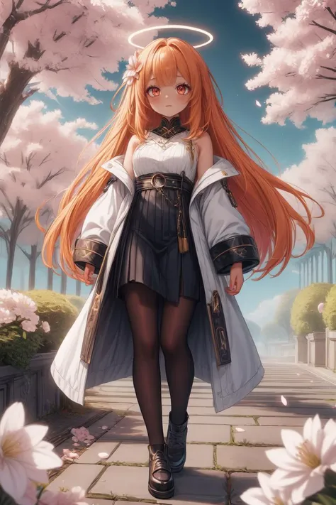 1girl, full body, full shot, masterpiece, best quality, hdr, 8k, dusk, <lora:Mild detail adjusterV10:0.7>, <lora:more_details:0.3>, long orange hair <lora:eGirlMakeup:0.8> EGirlMakeup, eyeliner, <lora:BlessedTech:0.7> blessedtech, blessed, aura <lora:chocoskin:0.8> <lora:sakura-leaf-style-darquelilly-v1:0.2> sakuraleafstyle, cherry blossoms, flower, petals