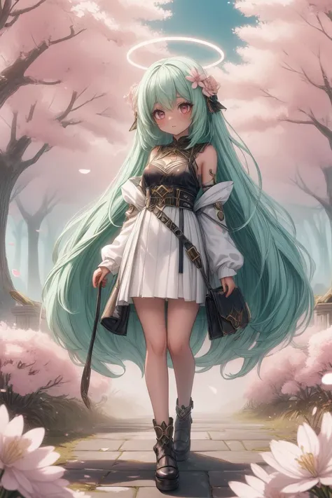 1girl, full body, full shot, masterpiece, best quality, hdr, 8k, dusk, <lora:Mild detail adjusterV10:0.7>, <lora:more_details:0.3>, long green hair <lora:eGirlMakeup:0.8> EGirlMakeup, eyeliner, <lora:BlessedTech:0.7> blessedtech, blessed, aura <lora:chocoskin:0.8> <lora:sakura-leaf-style-darquelilly-v1:0.3> sakuraleafstyle, cherry blossoms, flower, petals