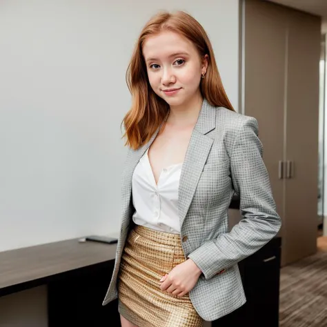 RAW photo of lifewithmak, Confidently wearing a Blazer and pencil skirt in a sleek corporate office, (high detailed skin:1.2), 8k uhd, dslr, soft lighting, high quality, film grain, Fujifilm XT3, <lyco:lifewithmag-000023:1.0>