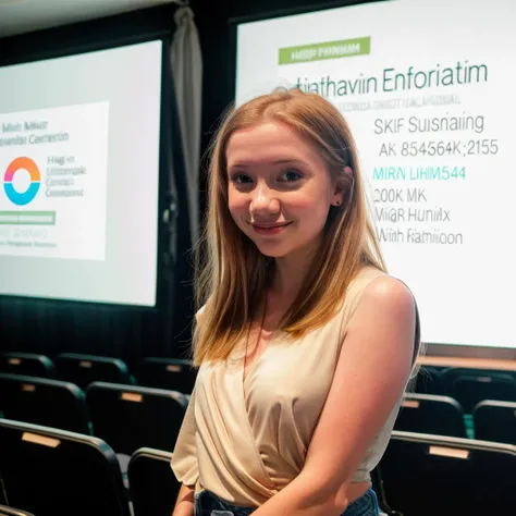 RAW photo of lifewithmak, Captivating in a Wrap blouse and high-waisted pants during a presentation at a conference, (high detailed skin:1.2), 8k uhd, dslr, soft lighting, high quality, film grain, Fujifilm XT3, <lyco:lifewithmag-000023:1.0>