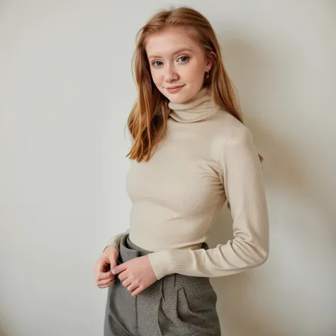RAW photo of lifewithmak, Competent and chic in a Turtleneck and wide-leg pants at a design studio, (high detailed skin:1.2), 8k uhd, dslr, soft lighting, high quality, film grain, Fujifilm XT3, <lyco:lifewithmag-000023:1.0>