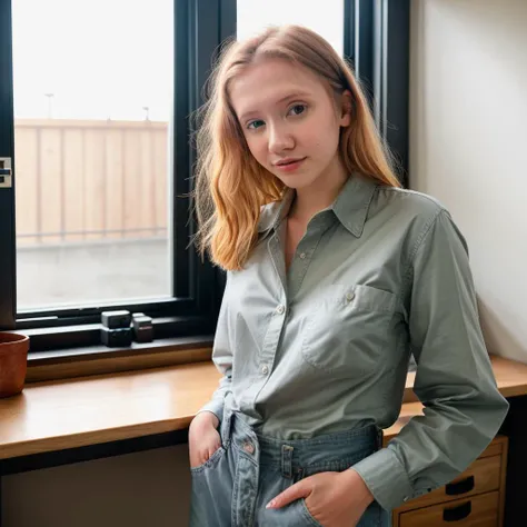 RAW photo of lifewithmak, Dedicated and polished in a Button-up shirt and slacks in a creative workspace, (high detailed skin:1.2), 8k uhd, dslr, soft lighting, high quality, film grain, Fujifilm XT3, <lyco:lifewithmag-000023:1.0>
