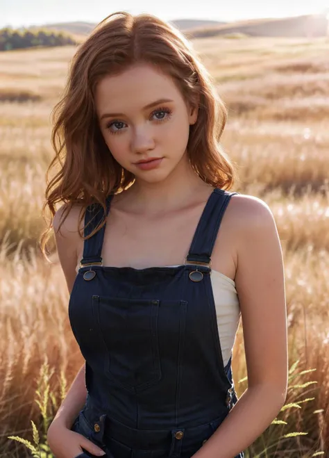 <lora:lifewithmag:1>lifewithmak,, 16mm, remarkable color, ultra realistic, analog photo, Beautiful super model, highly detailed face, seducing eyes, wearing overalls, cropped off-shoulder tank top, in a field of grass. Bright sunny day. bokeh, professional, 4k, highly detailed dynamic lighting, photorealistic, intricate details, key visual, vivid colors