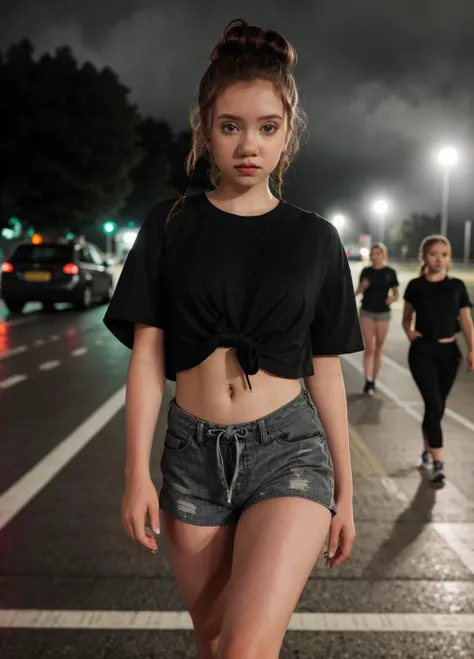 <lora:lifewithmag:1>lifewithmak,, 1girl, wearing black runners shorts and a (loose fitting tied cropped shirt:1.2). perky breasts, Hair is tied back. Walking on running track. Cloudy day, drizzling rain, fog, street lights flickering, 35mm photograph, film, bokeh, professional, 4k, highly detailed dynamic lighting, photorealistic, 8k, raw, rich, intricate details, key visual, vivid colors, upper body photo