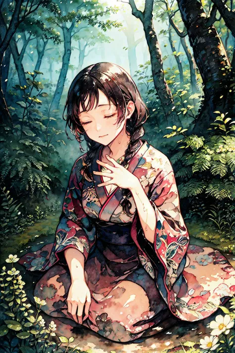 (masterpiece, 4k ,ultra detailed:1.2),(beautiful face:1.2),(anime:1.2),illustration,(realistic:1),
(solo:1.2),
(closed eyes:1.2),(hands on lap:1.2),
(straight-on:1.2),(fisheye:1.2),(from below:0.8),
(seiza:1.4),(supermodel:1.4),
(outdoor,dark,forest,moss,shadow,wet,wildflower:1.2),
(summer dress:1.2),
(black_hair),(medium length hair,braided low ponytail),
(cleavage:0.8), (wide_hips:1),(muscular:1),
<lora:hipoly3DModelLora_v10:0.2>,
<lora:japanesedolllikenessV1_v15:0.4>,
<lora:akagiShunStyleLora_offset:1.1>,akagi shun,watercolor
