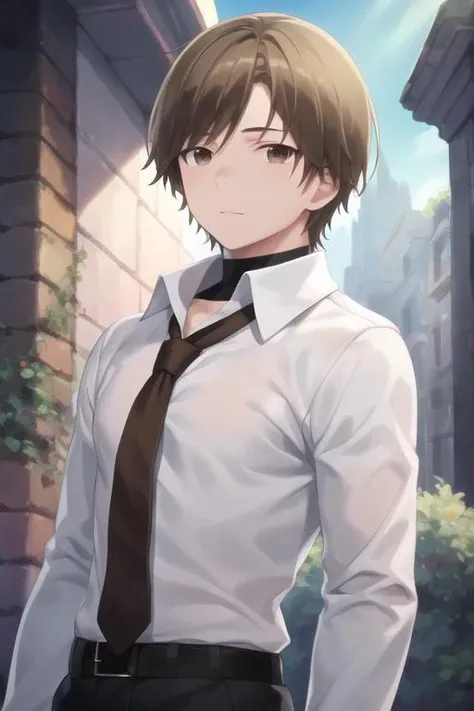 masterpiece, best quality, high quality, 1boy, solo, male focus, looking at viewer, upper body, <lora:manato:0.84>, manato, brown hair, brown eyes, , formal, necktie, dress shirt