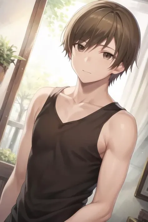 masterpiece, best quality, high quality, 1boy, solo, male focus, looking at viewer, upper body, <lora:manato:0.74>, manato, brown hair, brown eyes, , tank top