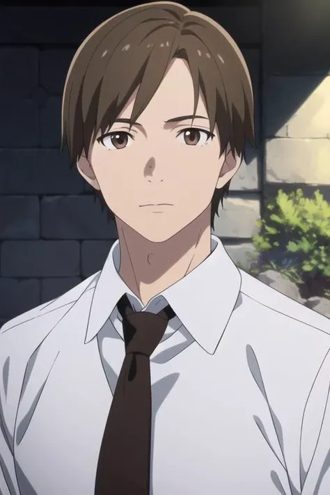 masterpiece, best quality, high quality, 1boy, solo, male focus, looking at viewer, upper body, <lora:manato:0.64>, manato, brown hair, brown eyes, realistic, formal, necktie, dress shirt