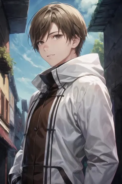 masterpiece, best quality, high quality, 1boy, solo, male focus, looking at viewer, upper body, <lora:manato:0.82>, manato, brown hair, brown eyes, ,