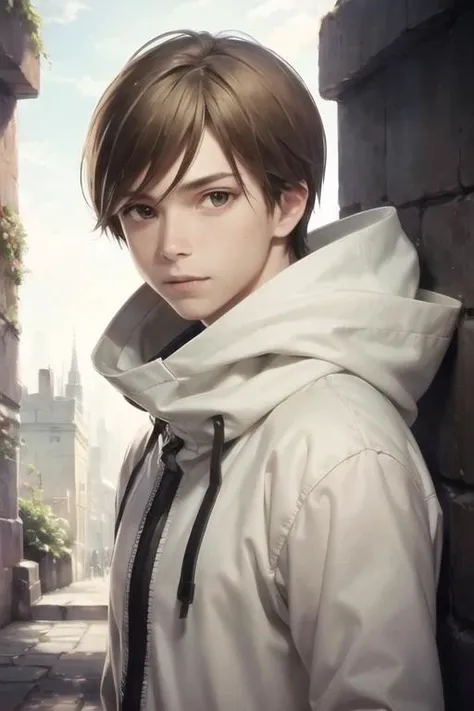 masterpiece, best quality, high quality, 1boy, solo, male focus, looking at viewer, upper body, <lora:manato:0.76>, manato, brown hair, brown eyes, , hoodie
