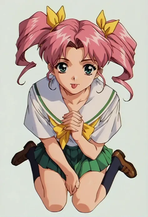 <lora:Chiaki_Magumo_Shusaku:1>, score_9,score_8_up,score_7_up, own hands together, tongue, shirt, hetero, yellow hair ribbon, 1girl, looking at viewer, green eyes, pink hair, school uniform, full body, retro artstyle,