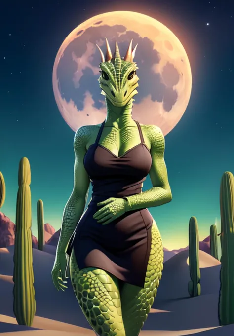 1girl, sfw, <lora:argonian_female:0.8>, argonian_female, 1girl, solo, summer dress, moonlit desert landscape with cacti, (sexy, hot, attractive:1.3), sexy, (trending on CGSociety, trending on pixiv, contest winner:1.3)