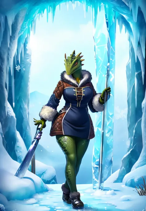 1girl, sfw, <lora:argonian_female:0.8>, argonian_female, 1girl, solo, winter dress, warm clothes, fur trim,, glistening ice cave with icicles, (masterpiece, best quality, absurdres, detailed, ultra-detailed:1.3), glamorous, (trending on CGSociety, trending on pixiv, contest winner:1.3)