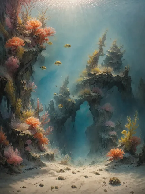 prehistoric sea, oil Painting, desolated landscape, (underwater:1.2), (panorama:1.2), coral reef, sand, more fish, seaweed, focus on depth, sharp focus, overgrown with corals,
atlantis, kapibara,
high contrast, detailed luminescent background, painted world, colorful splashes, fantasy concept art, intricate detail, fantastical, deep color, great lighting,
<lora:Painted World:0.5>, <lora:s0ftf41ry:1> s0ftf41ry, large flower, fairy,,