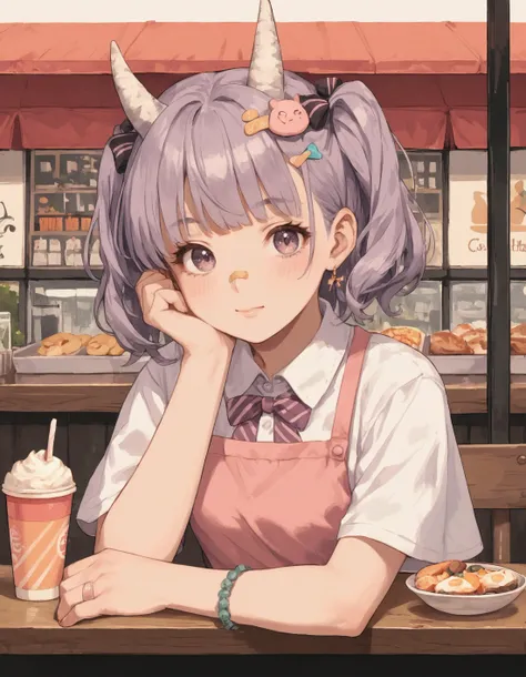 score_9, score_8_up, score_7_up, score_6_up, score_5_up, source_anime, 1girl, <lora:p4st3lg0r3XLP:0.8> p4st3lg0r3, horns, animal ears, bandaid, hair ornament, jewelry, bow, food, pastel colors, cafe,