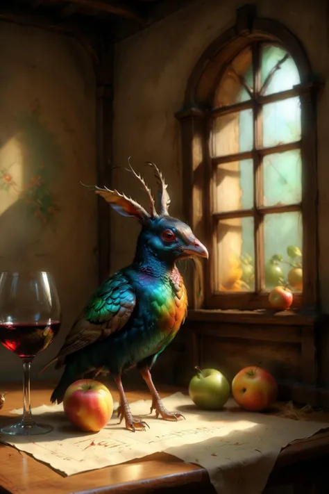best quality, high quality, (detailed schematic:1.3), (realistic, photorealistic, absurdres:1.2), complex, <lora:l30_1___XL2400_lora_f32:3>, (chaos:1.3), still life, darkness, shadows <lora:p10trXLP3:0.4> p10tr <lora:ParchartXL_CODA:0.4> on parchment, <lora:Lunas-NijiJourney-SDXL-B2:1> nijijourney, fruit, wild game, wine, renaissance, <lora:blurXLP:1> blur, sunlight through window, old house, various animals, pheasant, green iridescent beetle, wild hare, hunting,