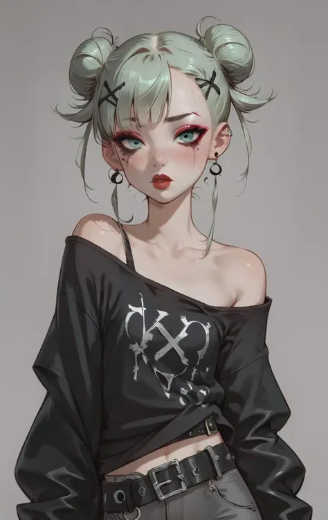 score_9, score_8_up, score_7_up, 1girl, aqua eyes, pale skin, puffy lips, makeup, eye contact, hairclip, light green hair, very short hair, hair up, double bun, hair flaps, asymmetrical bangs, long bangs,  x hair ornament, dark red lips, red eyeshadow, mascara, eyeliner,  stud earrings, piercing, blush, flat chest, black t-shirt, oversized shirt, oversized clothes, open shoulders, no sleeves, dark gray leggings, leather belt, <lora:easynegative:1> <lora:Expressive_H:1> <lora:Concept Art Eclipse Style LoRA_Pony XL v6:1> <lora:ph1lt0m4t0XLP:0.4> ph1lt0m4t0 <lora:OldAnimeStyle_XL_v3:0.4> <lora:princess_xl_v2:0.3>