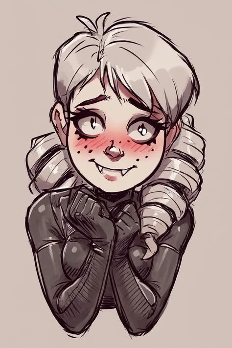 <lora:c0l0ursk3tchXLP3:0.8> c0l0ursk3tch, sketch, score_9, score_8, score_7, source_cartoon, rating_safe, proud cute vampire girl, blush makeup, freckles, drill_hair, shy nervous smile, bodysuit, contrapposoto