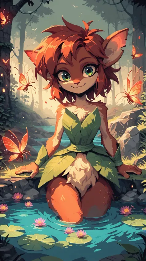 [elora], [Uploaded to e621.net; (Pixelsketcher), (wamudraws)], ((masterpiece)), ((HD)), ((solo portrait)), ((bird's-eye view)), ((beautiful background)), ((beautiful artwork)), ((mystical)), ((furry; anthro)), ((detailed fur)), ((detailed soft shading)), ((beautiful render art)), {anthro; (brown fur), (both eyes closed), (fur tufts), short brown hair, (long eyelashes), (gorgeous hips), (beautiful feet), (beautiful), (sweating), (blushing), (frown), (clenching teeth)}, {(short leaf dress), (cleavage)}, {(on bed), (laying on back), (legs spread open), (hand over crotch), (covering crotch), (looking down)}, [background; (woods), (trees), (sun rays through trees), (beautiful pond)]