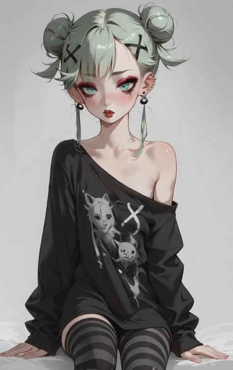 score_9, score_8_up, score_7_up, 1girl, aqua eyes, pale skin, puffy lips, makeup, eye contact, hairclip, light green hair, very short hair, hair up, double bun, hair flaps, asymmetrical bangs, long bangs, x hair ornament, dark red lips, red eyeshadow, mascara, eyeliner, stud earrings, piercing, blush, flat chest, black t-shirt, oversized shirt, oversized clothes, open shoulders, no sleeves, black leggings, striped leggings, <lora:easynegative:1> <lora:Expressive_H:1> <lora:Concept Art Eclipse Style LoRA_Pony XL v6:1> <lora:ph1lt0m4t0XLP:0.4> ph1lt0m4t0 <lora:OldAnimeStyle_XL_v3:0.4> <lora:princess_xl_v2:0.3>