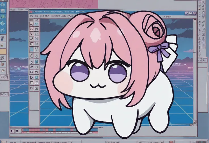 score_9, score_8_up,score_7_up, score_6_up BREAK 1girl, solo, doro, creature, chibi, :3, no humans, four legs, solid circle eyes, no pupils, pink hair, purple eyes, hair bun, hair bow, win98, fake screenshot, 1990s \(style\), retrowave <lora:Doro_X_PDXL_V1:1> <lora:win98XLP:1>