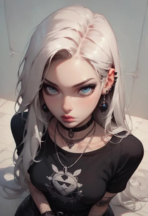 score_9, score_8_up, score_7_up,Goth girl, goth girl 1girl, 1girl,solo,long hair,looking at viewer,blue eyes,shirt,jewelry,closed mouth,white hair,grey hair,earrings,choker,necklace,lips,black shirt,from above,black choker,  <lora:g0th1cPXL:0.3>,
<lora:Goth_girl_XL-v2:0.8>, <lora:Concept Art Twilight Style SDXL_LoRA_Pony Diffusion V6 XL:0.8>, <lora:[GP] somethingweird [Pony XL]:0.2>,