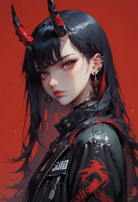 score_9, score_8_up, score_7_up, Goth girl, goth girl 1girl, 1girl,solo,long hair,looking at viewer,bangs,black hair,red eyes,jewelry,closed mouth,jacket,upper body,red hair,multicolored hair,earrings,horns,from side,two-tone hair,black jacket,piercing,border,ear piercing,red background, <lora:[GP] somethingweird [Pony XL]:0.2>, <lora:g0th1cPXL:0.3>, <lora:Concept Art Twilight Style SDXL_LoRA_Pony Diffusion V6 XL:0.8>,   <lora:Goth_girl_XL-v2:0.8>