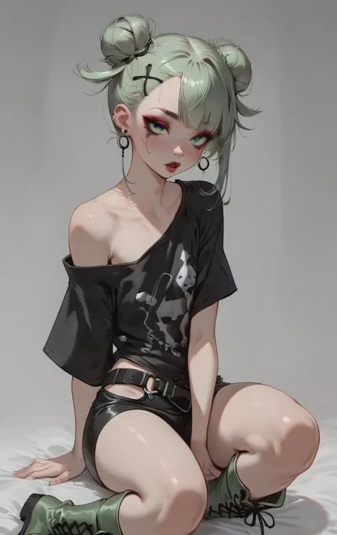 score_9, score_8_up, score_7_up, 1girl, aqua eyes, pale skin, puffy lips, makeup, eye contact, hairclip, light green hair, very short hair, hair up, double bun, hair flaps, asymmetrical bangs, long bangs, x hair ornament, dark red lips, red eyeshadow, mascara, eyeliner, stud earrings, piercing, blush, flat chest, black t-shirt, oversized shirt, oversized clothes, open shoulders, no sleeves, dark gray leggings, leather belt, green boots, leather boots <lora:easynegative:1> <lora:Expressive_H:1> <lora:Concept Art Eclipse Style LoRA_Pony XL v6:1> <lora:ph1lt0m4t0XLP:0.4> ph1lt0m4t0 <lora:OldAnimeStyle_XL_v3:0.4> <lora:princess_xl_v2:0.3>