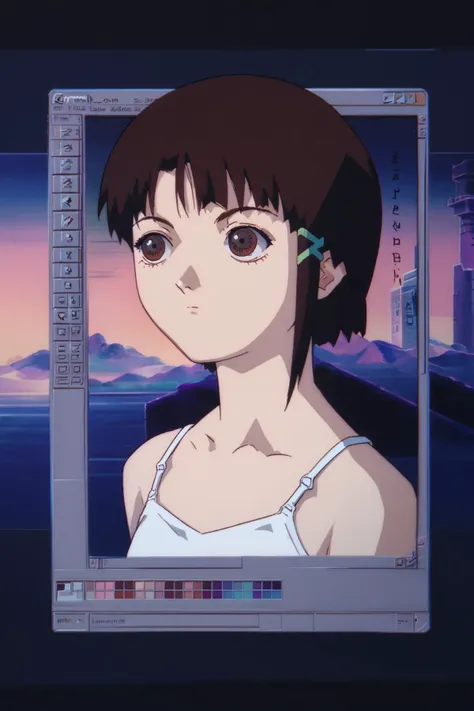 zPDXLpg, score_9, score_8_up, score_7_up, source_anime, rating_explicit, score_6_up, score_5_up, score_4_up, 1girl, solo, <lora:win98XLP:1> win98, fake screenshot, 1990s \(style\), retrowave, <lora:Lain_PonyXLv3:0.9> lain, dark brown hair, long sidelocks, white camisole, expressionless, hairpin, looking away, ,
