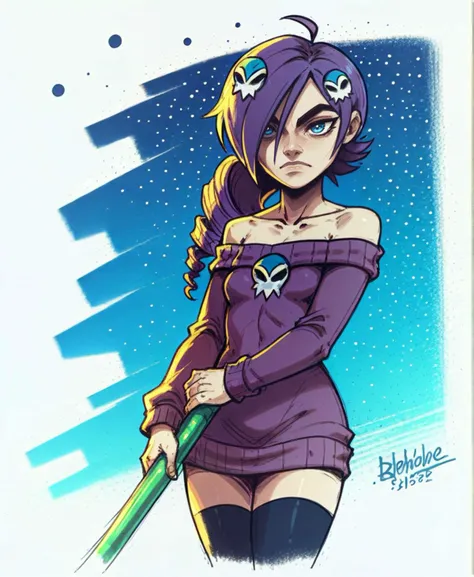 score_9_up, score_8_up, score_7_up, dynamic pose, cowboy shot, dynamic angle, 1girl, <lora:zonearchive_zone-tan_ponyXL:1>, Zone-Tan, hair over one eye, ahoge, drill hair, skull hair ornament, purple hair, blue eyes, small breasts, off-shoulder sweater, collarbone, black thighhighs, green tentacles, outside, on the sea, night, night sky, stars, half moon, telescope, <lora:d3v1nXLP:.7>, d3v1n, sketch