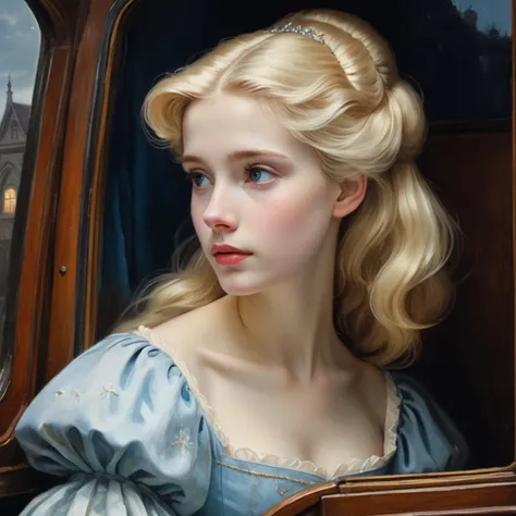 oil painting of young Cinderella, looking out of the window of a carriage, thoughtful, pale skin, petite body, blond hair, moonlit night, Low saturation color photography, vintage, old ripped brown Victorian dress, top light, masterful painting in the style of Anders Zorn | Marco Mazzoni | Yuri Ivanovich, Todd McFarlane, Aleksi Briclot, oil on canvas