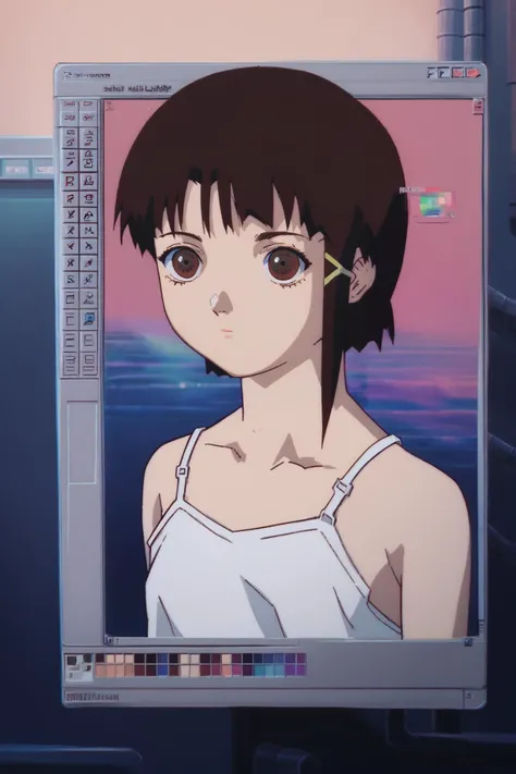zPDXLpg, score_9, score_8_up, score_7_up, source_anime, rating_explicit, score_6_up, score_5_up, score_4_up, 1girl, solo, <lora:win98XLP:1> win98, fake screenshot, 1990s \(style\), retrowave, <lora:Lain_PonyXLv3:0.9> lain, dark brown hair, long sidelocks, white camisole, expressionless, hairpin,