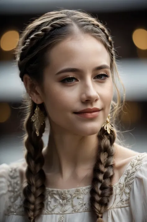 cinematic film still one girl, sweet smile, long hair, braids, in a light dress, detail <lora:OverallDetail:0.7> <lora:K1ntsug1XLP:1> . shallow depth of field, vignette, highly detailed, high budget Hollywood , bokeh, cinemascope, moody, epic, gorgeous, film grain, grainy
