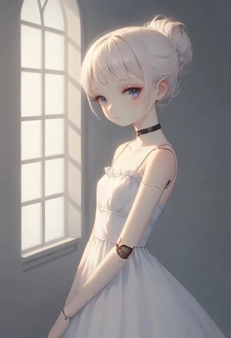 score_9, score_8_up, score_8, p3tr4, 1girl, solo, young Victorian girl, albino girl, black choker, cute, young, eyelashes, Android Skin, pure white skin, hair up, white hair, beautiful Victorian dress, elegant pose, petite body, petite android girl, Android girl, innocent, robotic joints, white porcelain skin, pale skin, white skin, shiny skin, Victorian mansion, interior Victorian home, beautiful Victorian living room, Victorian furniture, cinematic lighting, volumetric lighting, dramatic lighting, shadow and light, backlight, zPDXL