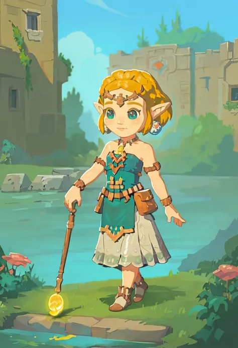 cute chibi style 1girl like totkzelda in zonai dress, score_9, score_8_up, score_7_up, short hair,flat chest, <lora:pony_totkz-000040:1>gl3b, standing on a stone path surrounded by vibrant flora. She holds a staff with a glowing orb at its tip. a beautifully detailed house perched atop a cliff, surrounded by lush greenery and overlooking a serene body of water. <lora:gl3bXLP:0.6>