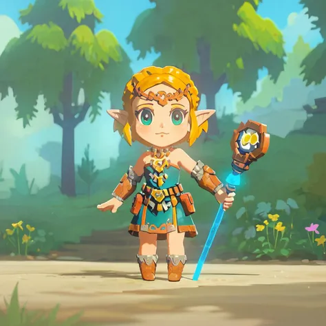 girl like totkzelda,in zonai dress, score_9, score_8_up, score_7_up, short hair,flat chest, <lora:pony_totkz-000040:0.85>gl3b voxel graphics 3d, ambient light, chibi style, cute big eyes anime style, volumetric lighting, unreal engine, lego block style, high resolution, detailed background, cute elf holding glowing staff  standing on dirt path surrounded by trees and purple mossy rocks with butterflies flying around him, full body shot, glowing lights around him <lora:gl3bXLP:0.6>