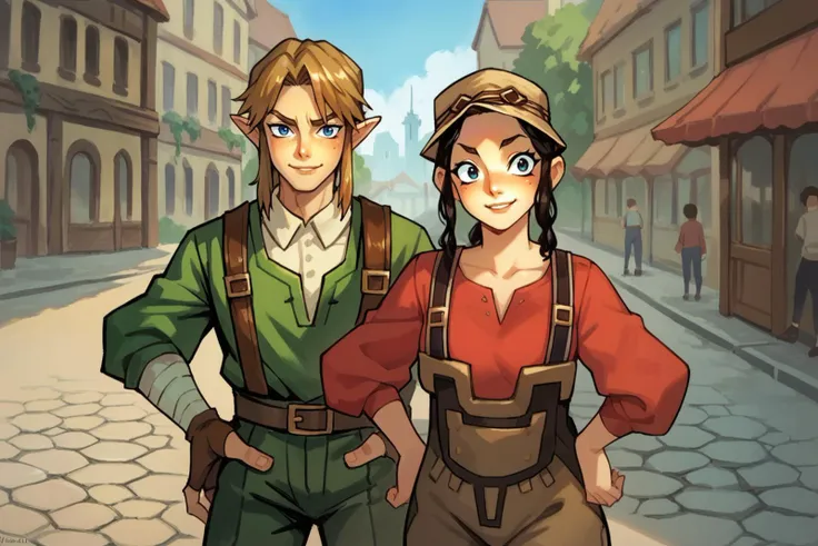 2girls, 1boy, outdoors, city,  link, \(legend of zelda)\ smile, hands on own hips, cowboy shot, looking at viewer, <lora:m0n3tXLP:0.9> , m0n3t, traditional media,
2girls, outdoors, city, tall girl, 1girl, <lora:tp_hena_tphna_ponyxl_v1:1> , (tphna:1.2), 1girl, solo, freckles,  red shirt, 
score_9, score_8_up, score_7_up, score_6_up, score_5_up, score_4_up, source_anime, masterpiece