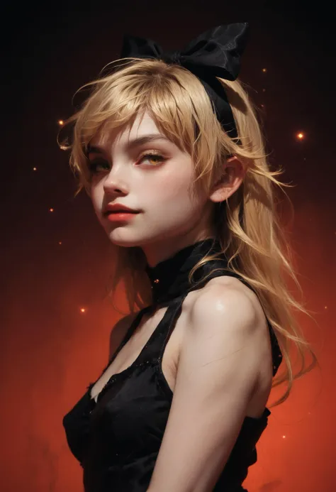 score_9,score_8_up,score_7_up,very aesthetic,realistic photo,photorealistic,hyperrealistic,intricate details,(depth of field:1.2),(bokeh:1.2),volumetric lighting,subsurface scattering,god rays,dark,gothic,enigmatic,portrait,bust,dynamic angle,1girl,oshino shinobu,20 years old,natural body,blonde hair,long hair,yellow eyes,hair bow,black gothic dress,sleeveless,medium breasts,puffy nipples,covered nipples,seductive smile,looking back,dynamic pose,<lora:shinobu-oshino-v1-pony-momoura:0.9>,<lora:g0ldl34fXLP:0.6>,g0ldl34f,<lora:r3dgl0wXLP:0.7>,r3dgl0w,red background,black background,<lora:perfect-eyes:1>,perfecteyes,<lora:add-detail-xl:1.5>,