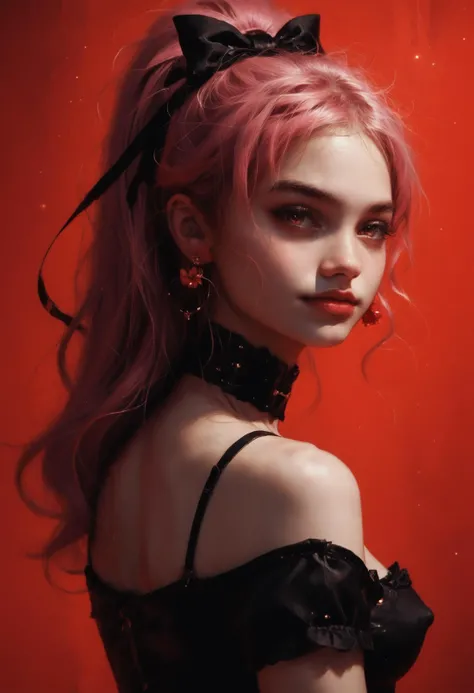 score_9,score_8_up,score_7_up,very aesthetic,realistic photo,photorealistic,hyperrealistic,intricate details,(depth of field:1.2),(bokeh:1.2),volumetric lighting,subsurface scattering,god rays,dark,gothic,enigmatic,portrait,bust,dynamic angle,1girl,cureblossom,20 years old,natural body,long pink hair,long ponytail,hair ribbon,wrist cuffs,gem,flower earrings,boots,choker,shorts under skirt,pink shorts,medium breasts,puffy nipples,covered nipples,seductive smile,looking back,dynamic pose,<lora:cureblossom.pony:1>,<lora:g0ldl34fXLP:0.6>,g0ldl34f,<lora:r3dgl0wXLP:0.7>,r3dgl0w,red background,<lora:perfect-eyes:1>,perfecteyes,<lora:add-detail-xl:1.5>,